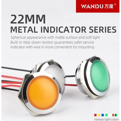 22mm LED Metal Indicator light with wire Ball head IK10 waterproof Red Green Yellow Blue White