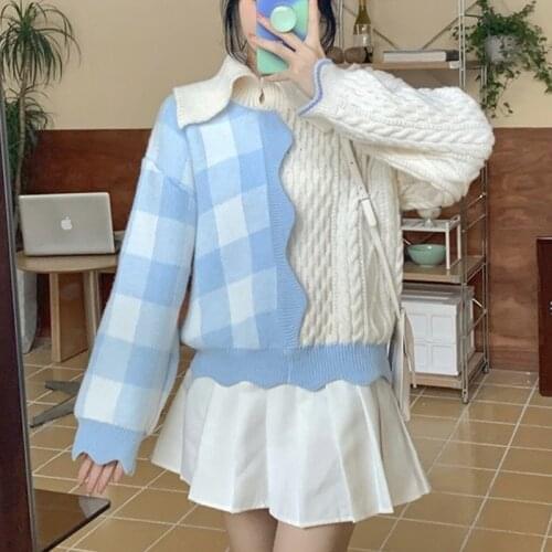 Elegant Sweet Knitted Sweaters Women Autumn Winter Plaid Japanese Cute Warm Sweaters Long Sleeve Korean Fashion Pullovers 2021