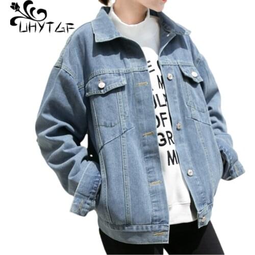 UHYTGF Spring Denim Jacket Women Long Sleeve Loose Female Coats Stand Collar Jeans Overcoat Plus Size Outerwear Abrigo Mujer 751