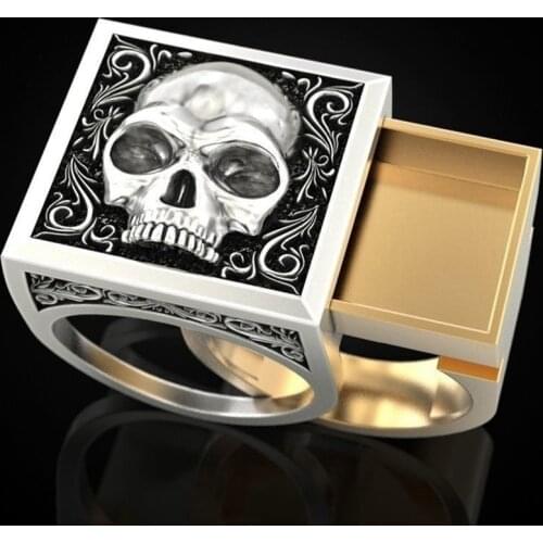 Unique Design Two Tone Punk Silver Color Skull Ring Gold Color Secret Compartment Casket Anniversary Gift Ring Hip Hop Jewelry