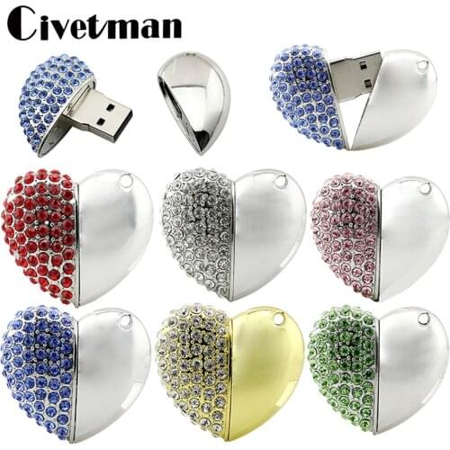 Pendrive 128GB USB Flash Drive Crystal Heart Pendant USB Stick 8GB 16GB 32GB 64GB Pen Drive 256GB Flash Memory Disk Lover Gifts