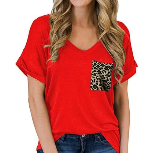 Women Solid Color V Neck Short Sleeve Stitching Leopard Pocket Loose T-shirt Women Leopard Pocket Casual T-shirt футболка женск