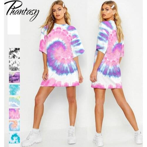 Phantasy Women Tie-dye T-shirt Loose Short Sleeves Blouse Fashion Female Streetwear Mid-length Top Shirt Casual Clothing Summer