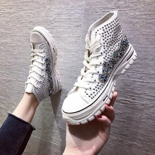 New Women Canvas Shoes Diamond Shinning Chaussure Femme High Top Lace Up Woman Shoes Autumn Ladies Casual Low Heels Sewing Femal