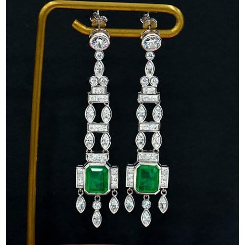 Vintage 100% 925 Sterling Silver Earring Emerald Created Moissanite Gemstone Long Ladies Dangle Earrings Studs Fine Jewelry Gift