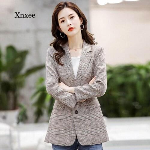 Spring and Autumn Womens Jacket Suit Ladies Fashion Slim Plaid Single-Breasted Jacket with Elbow Patch