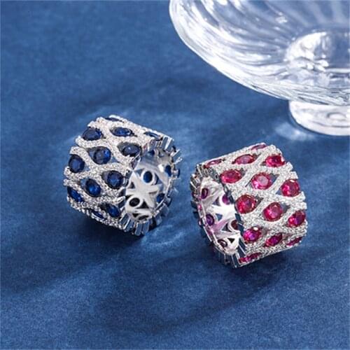 QTT Rings Hollow Out 925 Sterling Silver Rings for Women Red Blue Cubic Zirconia Wedding Trendy Jewelry Rings Accessories