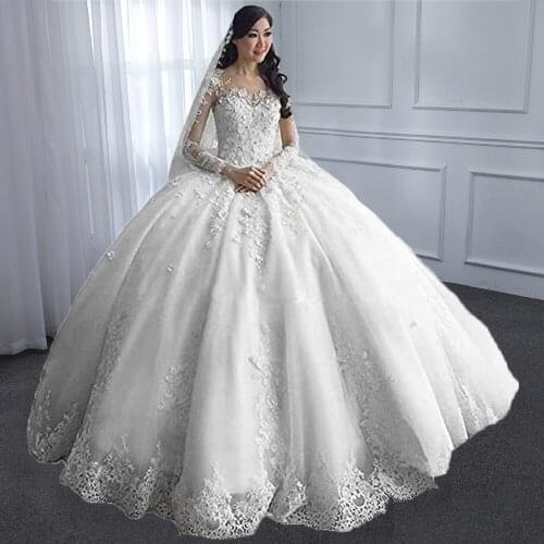 Womens Long Sleeve Lace Ball Gown Wedding Dresses Cathedral Train 3D Flowers Appliques Luxury Princess Bride Dress 2020