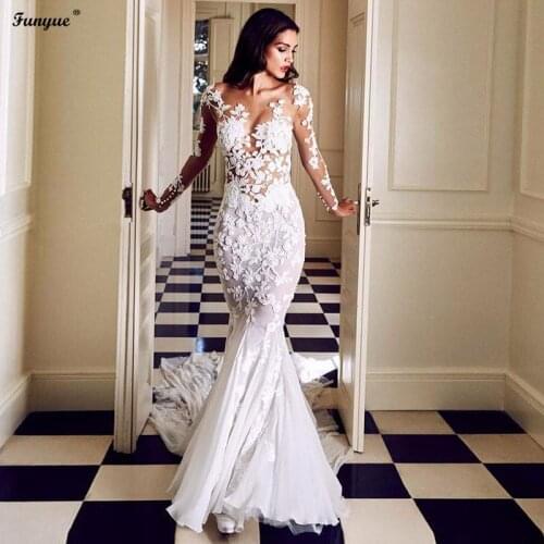 Charming Crew Neck Mermaid Lace Wedding Dresses Long sleeves Vestidos De Novia Appliques Sexy Slim Ivory Bridal Gowns 2021
