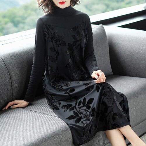Winter Fall Vintage Womens Turtlenck Jacquard Black Velvet Dress , Casual 3xl Long Sleeve Loose Velour Flower Dresses for Woman