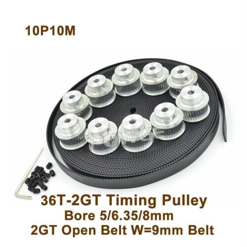 10pcs 36 Teeth 2GT Timing Pulley Bore 5/6.35/8mm + 10M GT2 Timing Belt W=9mm For 3D Printer 36T 36Teeth GT2 Timing Belt Pulley