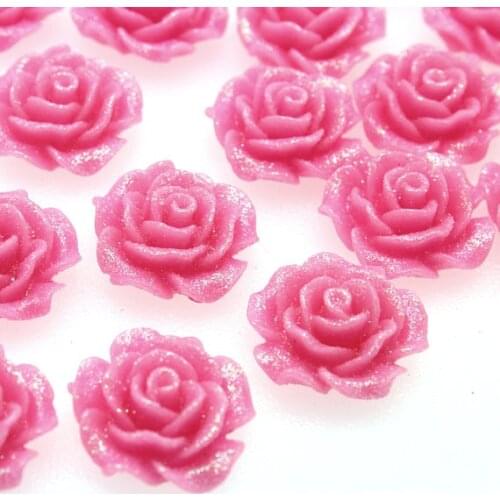 100 pcs Hot Pink Rose Cabochon 20 mm Flower Embellishment, Flat back Jewelry Accessories with shiny powder