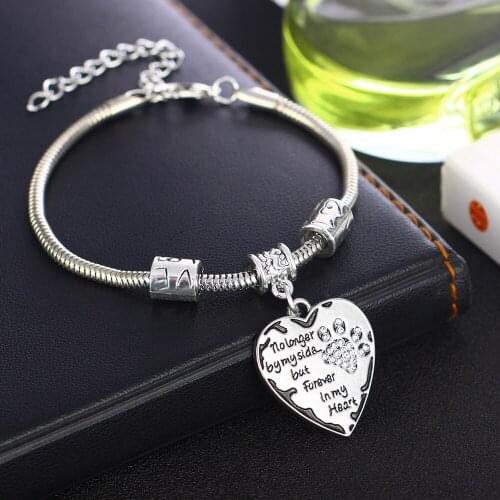 12PC/Lot Charm Clear Crystal Pet Paw Heart Bracelets Love Beads Bangle No Longer By My Side But Forever In My Heart Jewelry Gift