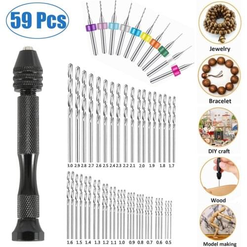 59 Pcs Hand Twist Drill Bits Set Precision Pin Vise Mini Micro Rotary Tools Kit for Carving Winding Electronic Assembling Craft