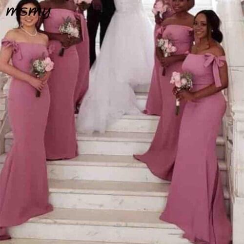 Off The Shoulder Shoulder Satin Long Bridesmaid Dresses 2019 Bow Ruched Floor Length Plus Size