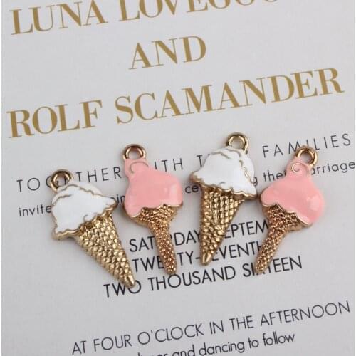 White Pink Cute Ice Cream Pendant Enamel Gold Charms DIY Jewelry Accessories For Handmade Necklace Keychains