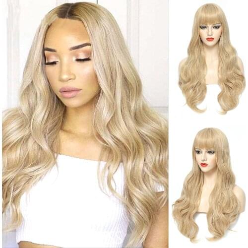 MIMO Blonde Long Wavy Wigs For Women Synthetic Hair Blonde Wigs With Bangs Heat Resistant Cosplay Lolita Wig For Daily Use