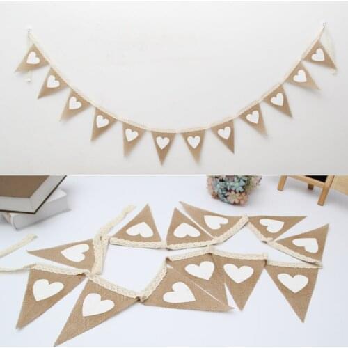 Jute Linen White Heart Pennant Flags Festival Party Hanging Rustic Vintage Wedding Decoration Banners Garland for Home Decor