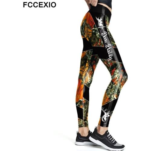 FCCEXIO Hunting Festival Women Leggings Fire Tree Print Leggin Deer Hunting Pants Slim Elastic Legins For Workout Plus Size