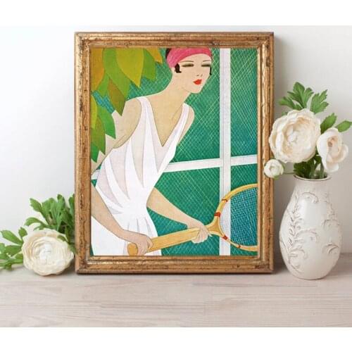 Tennis Player Flapper Girl Prints Antique Art Decor Vintage Fashion Wall Art Canvas Painting Sport Poster Living Room Decoration