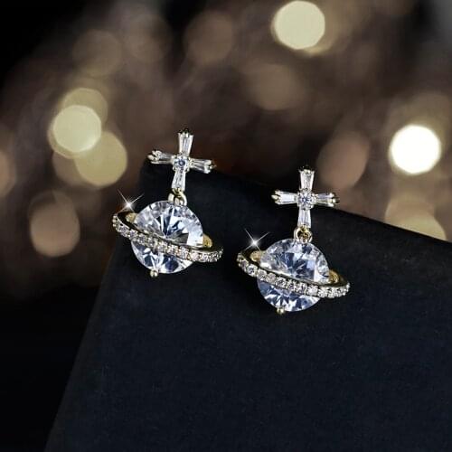 Dainty Female Round Crystal Small Earrings Charm Sterling Silver Gold Drop Earrings Women Luxury Bridal Cross Dangle Earrings