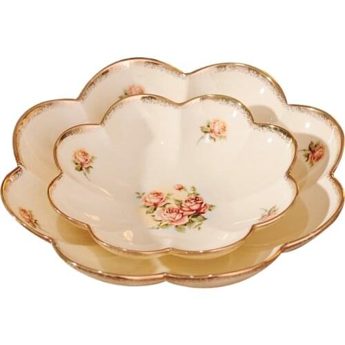 European-Style Ceramic Tableware Gold-Plated Rose Ceramic Lotus Plate Dishes Dim Sum Plate Fruit Plate Dish Dim Sum Dish