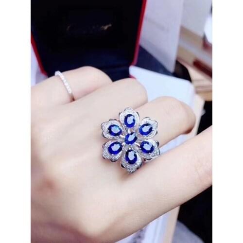 Luxurious big Sun flower Natural blue sapphire gem Ring S925 Silver Natural Gemstone Ring Womens office gift Jewelry