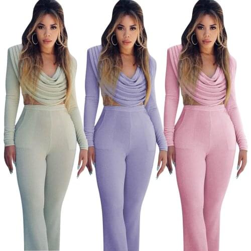 Echoine Pleated Fold Pile Neck Crop Top Flare Pants Set Sexy Skinny Matching Set 2 Piece Set Party Club Outfit Pink Suit Autumn