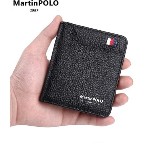 MartinPOLO Genuine leather wallet Men Small wallets Slim Id Credit card holder Bifold Short Wallet Luxury Black purse MP1005