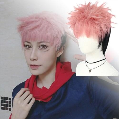 Costume Props Jujutsu Kaisen Itadori Yuuji Cosplay Wig and Face Tattoo Sticker Pink Black Mixed Wigs Anime Cos Accessories Gifts