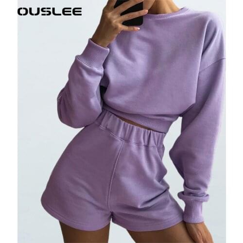 OUSLEE 2 Pieces Hoodies Set Women Crop Top High Waist Short Pants Set Pullover Tracksuits Sporty Loose Casual Outfits Streetwear