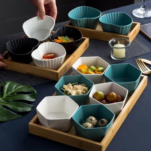 Creative Hexagon Ceramics Grid Fruit Plate Wooden Pallets Snack Dish Partition Child Salad Bowl Nordic Desktop Dried Fruit Tray