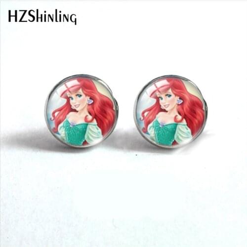 2021 Tle Little Mermaid Princess Round Stud Glass Earrings Sweet Ear Accessories for Girls Gifts