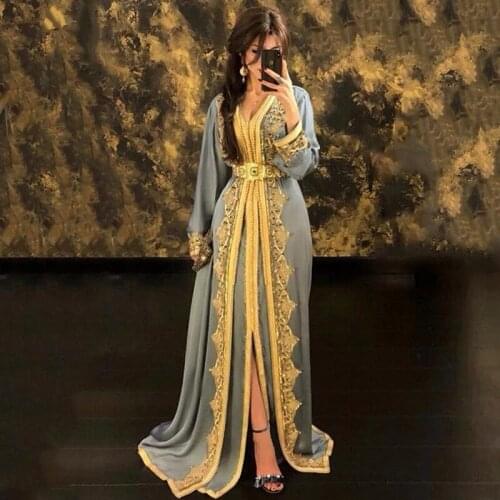 Moroccan Kaftan Caftan Muslim Evening Dresses A-line V-neck Long Sleeves Chiffon Applique Dubai Arabic Turkey Abaya Islamic Gown