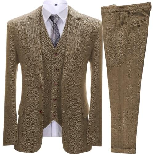 Brown Mens Vintage Suits 3 Pieces Latest Coat Designs Herringbone Tweed Tuxedo Winter Formal Wedding Suits (Blazer+Vest+Pants)