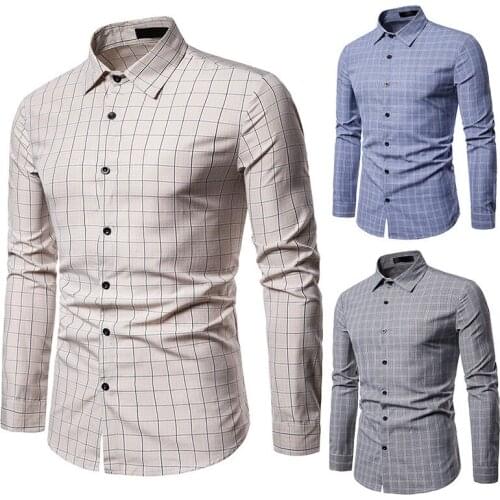 New European Mens Business Shirt Plaid Casual Long Sleeve Shirt for Men