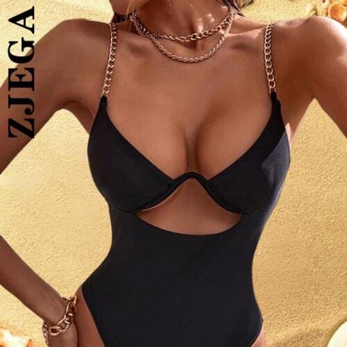 Metal Chain Sexy Swimwear Solid Bikini One Piece Padded Push Up Bikini Set Womens Bathing Suit High Waist Biquini Beachwear