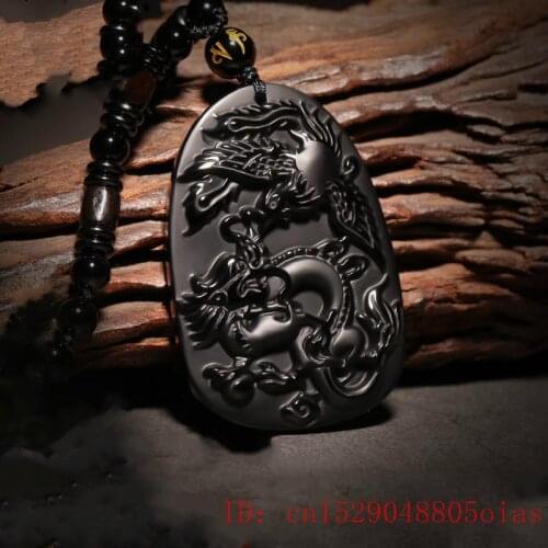 Natural Black Obsidian Beads Necklace Hand-Carved Dragon Phoenix Jade Pendant Fashion Charm Jewelry Amulet for Man Women Gifts