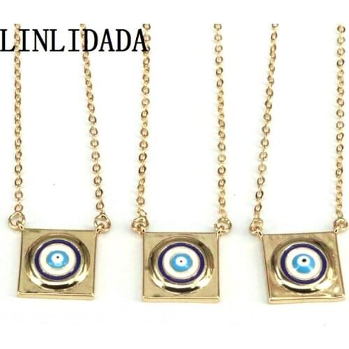 10Pcs, New Design Cute Eye Square Pendant Necklace Women Fashion Drop oil craft Gold Chain Necklace Party Jewelry