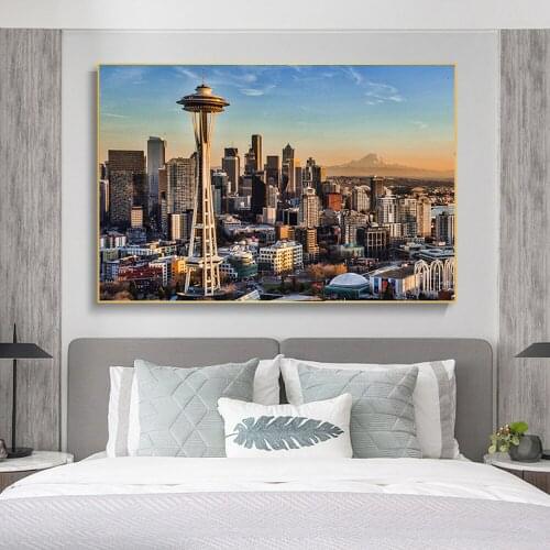 Seattle Poster Modern Home Decoration Cityscape Painting Landscape Sunset Canvas Print Wall Picture for Living Room Home Decor