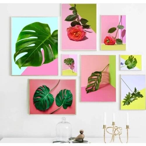 Plant Leaves and Flower Canvas Painting Green Tropical Wall Art Monstera Cactus Leaf Posters and Prints Pictures Living Room