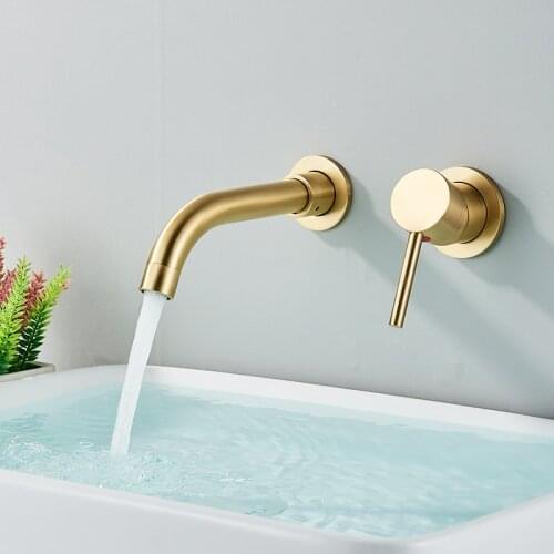 Quyanre Brushed Gold Basin Faucet Concealed Wall Mounted Faucet Tap 360 Rotation Single Handle Hot Cold Water Bath Mixer Tap