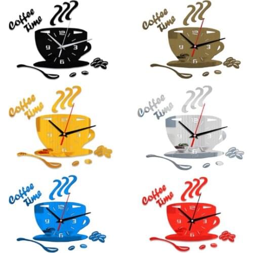 Creative DIY Acrylic Mirror Wall Clock Modern Simple Home Decor Coffee Cup Shape Digital Wall Clock Wall