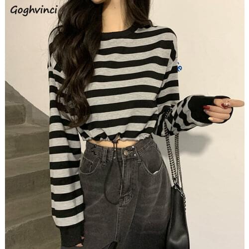 Vintage Striped Cropped T-shirts Women Long Sleeve Loose Students Harajuku Navel Tops Slim All-match Spring Female Clothes Chic