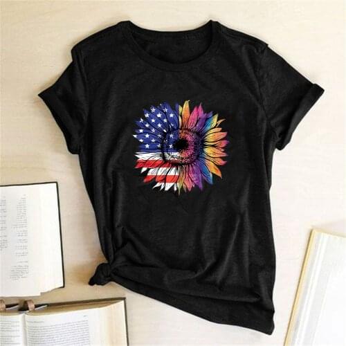 American Flag Flower Print Funny Women T Shirt Round Neck Loose Tee Shirt Femme Harajuku Tops Summer Clothes for Women Harajuku