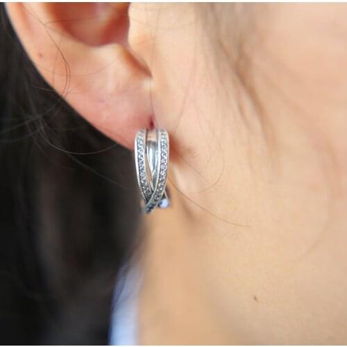 Genuine 100% 925 Sterling Silver Entwined circle ladies fine silver pave Clear CZ Stud Earrings for Women 925 Silver