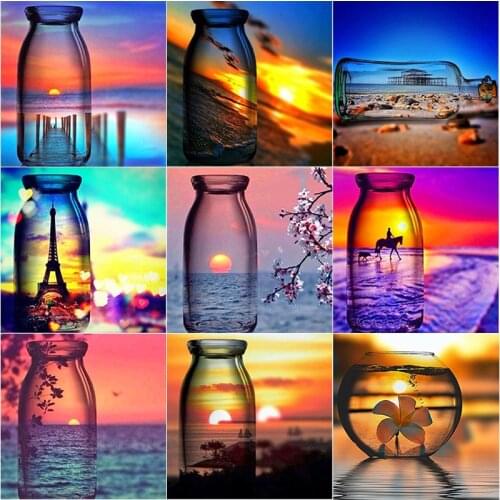 5D DIY Diamond Painting Full Round Square Drill Sunset Bottle View Diamond Embroidery Cross Stitch Manual Art Home Decor Gift
