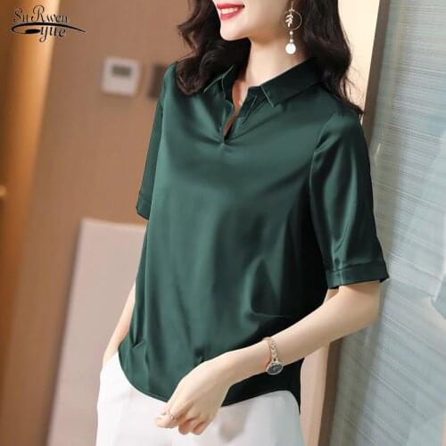 Blusas 2021 Summer Women Tops Blouse Fashion Short Sleeve Plus Size Shirt Satin Blouse Vintage Office Lady Silk Clothing 9909