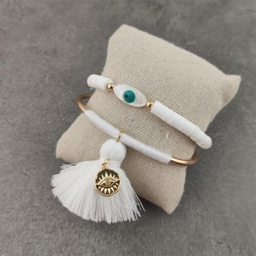 Boho Ethnic Hand Heart Eye Adjustable Pendant Layered Bracelets Set for Women Beads String Bracelet Bangle