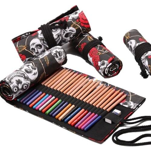 12/24 Hole Pencil Pouch Rose Skull Handmade Canvas Curtain Pencil Case Organition Office Brush Sketch Color Lead Storage Bag